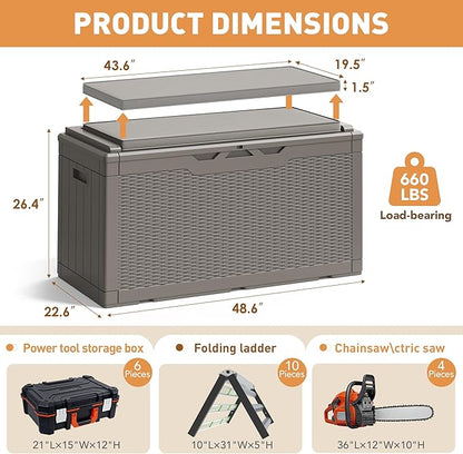 Storage Bench Resin Deck Box, 100 Gallon Lockable, Light Coffee