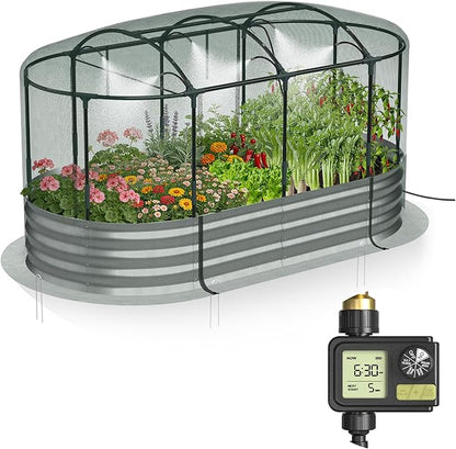 Raised Garden Bed with Sprinkler Timer and Self-Watering System, 6x3x1 ft Elevated Planter Boxes Outdoor with Mesh Cover, Galvanized Raised Beds for,Vegetables,Flowers, Backyard, Patio