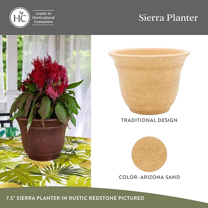 The HC Companies Sierra Round Self-Watering Pot - Lightweight Plastic Planter for Herbs & More - Durable Plant Pots for Indoor Plants & Outdoor Plants (16” Arizona Sand, Pack of 2)