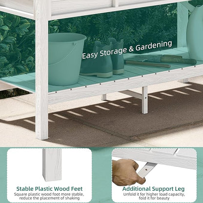 YITAHOME 48x18x30in Raised Garden Bed HDPE, Weather-Resistant Poly Lumber Planter Box with Legs & Storage Shelf, Elevated Garden Bed for Yard, Garden, Balcony - White