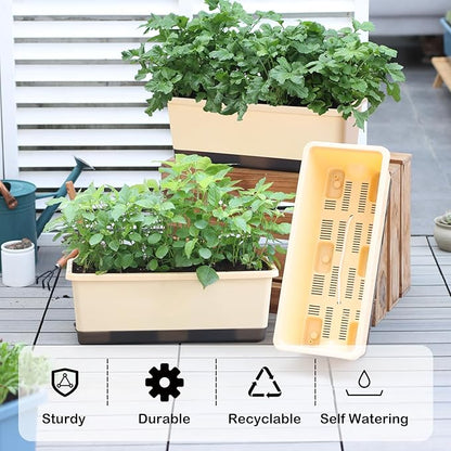 Window Box Planter 8 Pcs, 17 Inches Rectangle Flower Pots with Drainage Holes & Trays, Vegetable Planters for Windowsill Patio Garden Balcony Home Indoor Outdoor (Barley Yellow, 16 * 7 * 6 inch)