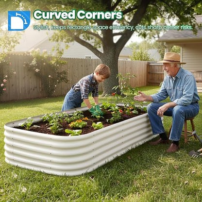 Quictent Raised Garden Bed Kit Oval Galvanized Metal Planter Box Tall for Vegetables Outdoor Backyard, Strengthened by Crossbar, Beige 8x4x1.5 ft