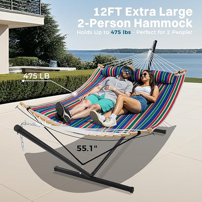 SUPERJARE Curved-Bar Hammock with Stand, 2 Person Heavy Duty Hammock Frame, Detachable Pillow & Portable Carrying Bag, Perfect for Outdoor & Indoor, Retro Blue and Green