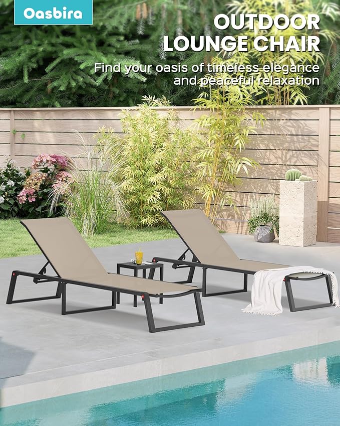 Aluminum Chaise Lounge Outdoor Set of 2, Foldable & No Assembly Patio Pool Lounge Chairs 5-Position Recliner for Outside Poolside, Fully Grounded Legs Sun Lounger for Pool, Beach, Yard, Khaki