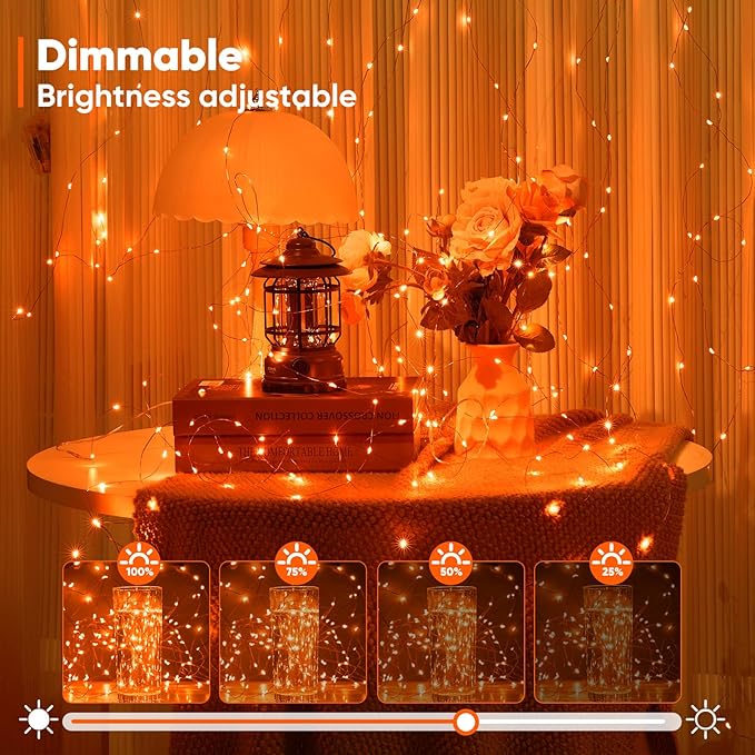 String Lights, Orange 65.6 Ft Battery Powered LED with Remote Control