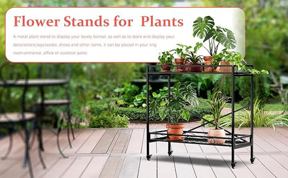 Zhongma 2 Tier Sturdy Metal Plant Stand with Wheels, 40.5x16x39.4 Inch High, Heavy Duty Succulent Shelf for Home Indoor and Outdoor, 440 LBS Capacity & Heavy Duty Construction