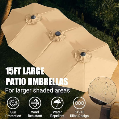 LEVELEVE 14FT Large Patio Patio Umbrella with Base & Solar LED Lights - Double-Sided,Kahaki