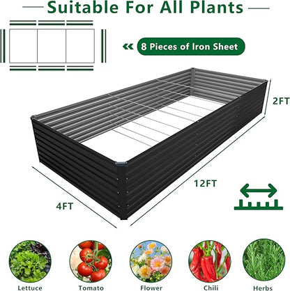 12x4x2FT Galvanized Raised Garden Bed Kit,Vegetable Plant Boxes-Rectangle Metal Flower Box,Large Planter Raised Beds Outdoor Garden for Planting,Fruit,Herb-Black