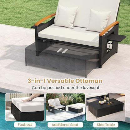 Tangkula Patio Rattan Daybed with 4-Level Adjustable Backrest, Outdoor Wicker Loveseat with Acacia Wood Armrest, Storage Ottoman & Folding Tray, Double Sunbed for Yard & Poolside (White & Black)