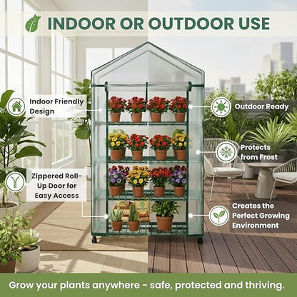 4 Tier Mini Greenhouse - Portable Greenhouse with Locking Wheels and PVC Cover for Indoor or Outdoor - 27 x 19 x 63-Inch Green House by Pure Garden