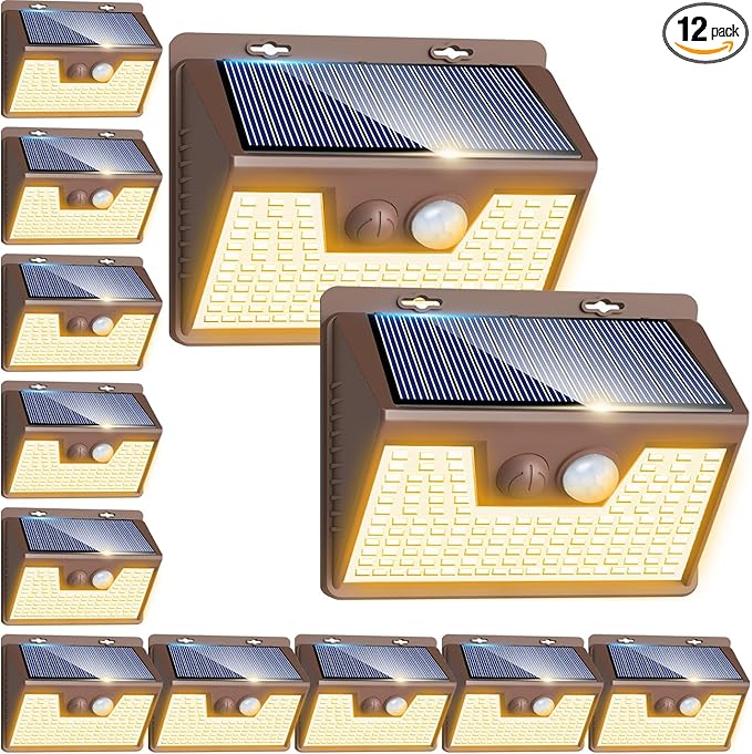 Peasur Solar Lights Outdoor Motion Sensor, 12Pack 140LED Waterproof Solar Powered Fence Lights, 3 Modes Solar Security Wall Lights for Garden Yard Outside(Brown Warm White)