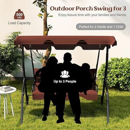 Tangkula 3 Person Porch Swing, Patio Swing with Removable Cushion & Powder-Coated Steel Frame, Outdoor Swing with Canopy for Porch, Backyard, Garden, Balcony (Coffee)