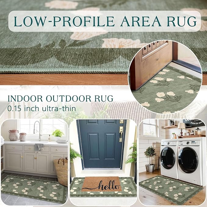 Outdoor Rug Door Mat with Floral Design, Sage Green, 2 x 4.25 ft