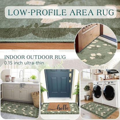 Outdoor Rug Door Mat with Floral Design, Sage Green, 2 x 4.25 ft