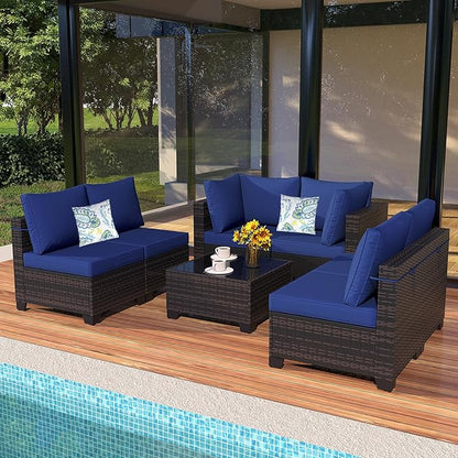 7 Pieces Outdoor Patio Furniture Set, Outdoor Wicker Sectional with Thick Cushions for Garden and Backyard (Brown/Deep Blue)