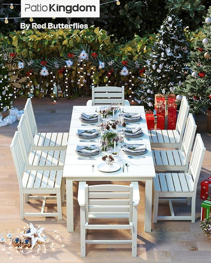White 9-Piece Outdoor Dining Set with Beige 11FT Cantilever Umbrella, 75.2'' HDPE Table & Chairs for 8, Weather-Resistant Furniture with Umbrella Hole for Patio, Lawn, Poolside