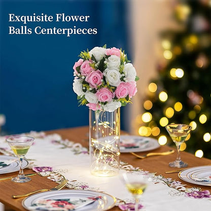 Artificial Flowers Rose Ball Centerpieces, Pink and White, 9.5 in