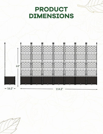 7 PCS Raised Garden Bed with Trellis, 114" LX16 WX63 H Plastic Planter Box for Climbing Plants, Outdoor Vertical Garden with Privacy Screen for Patio, Balcony, Backyard – Sturdy & Lightweight