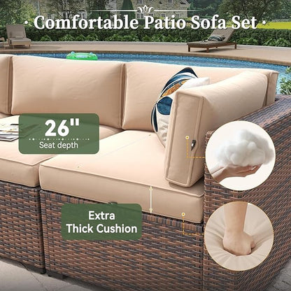 Aoxun 8 Piece Patio Furniture Set with 44” Fire Pit Table Wicker Rattan Outdoor Sectional Sofa Set with Coffee Table and Thickened Cushions & Hose, Khaki (Waterproof Cover Included)