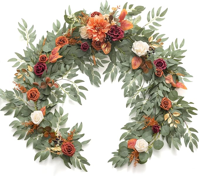 Artificial Flower Garland, 6 Ft Eucalyptus Willow Leaf, Terracotta Orange