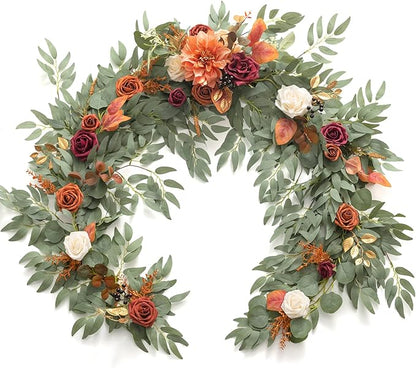 Artificial Flower Garland, 6 Ft Eucalyptus Willow Leaf, Terracotta Orange