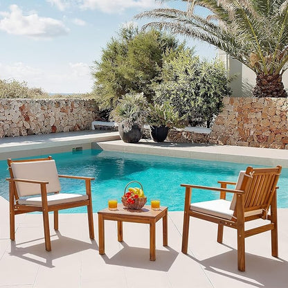 Devoko Patio Set 3 Piece Acacia Wood Outdoor Furniture Conversation Seat with Table & Cushions Porch Chairs for Balcony, Deck, Backyard