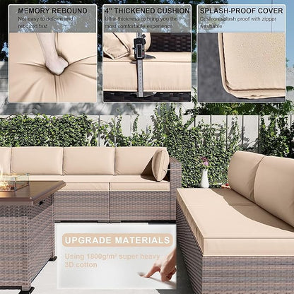 Kullavik 10 Pieces Outdoor Patio Furniture Set with 43" 55000BTU Gas Propane Fire Pit Table PE Wicker Rattan Sectional Sofa Patio Conversation Sets,Khaki