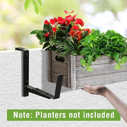 Window Box Brackets, Adjustable Hanging Railing Planter Box Brackets, Heavy Duty Wall Mount Iron Flower Box Holder for Outdoor Windowsill, Balcony, Garden, and Fence (2 Pack)