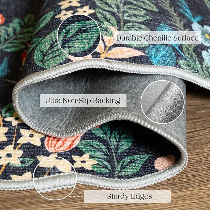 Outdoor Door Mat Boho Floral Non-Slip Black 2 x 4.3 Ft