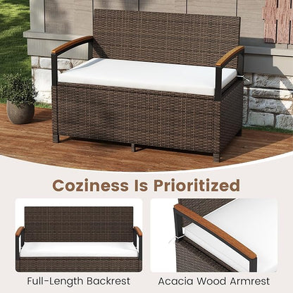 Storage Bench, 2-Person Brown PE Rattan with 46-Gallon Storage