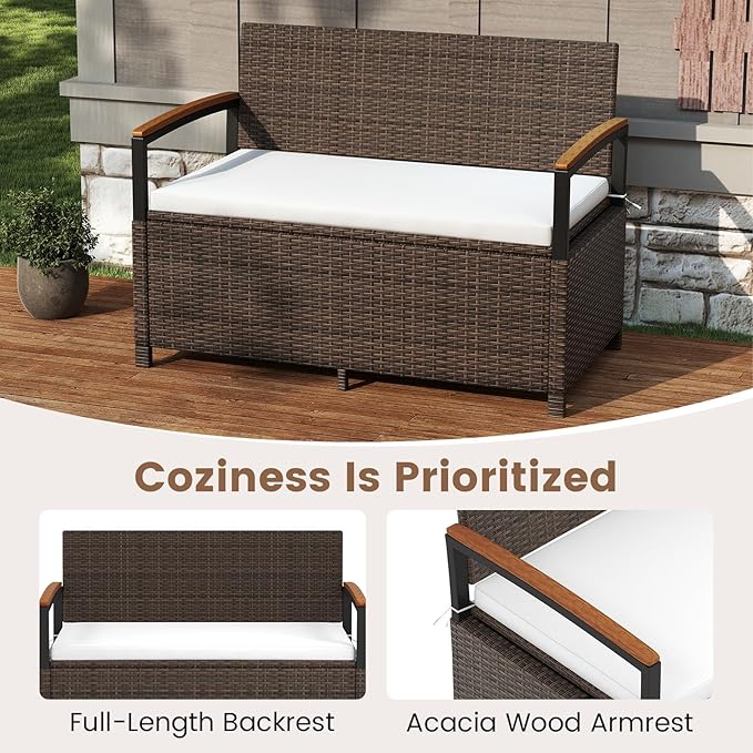 Benches, 46 Gallon Outdoor Storage Loveseat, Brown PE Rattan