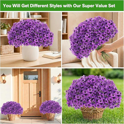 60 Pack Artificial Flowers for Outdoor Indoor Fake Plants, Faux Silk Flowers for Outdoors Outside Front Porch Hanging Planter Window Box Garden Spring Decoration(Purple)