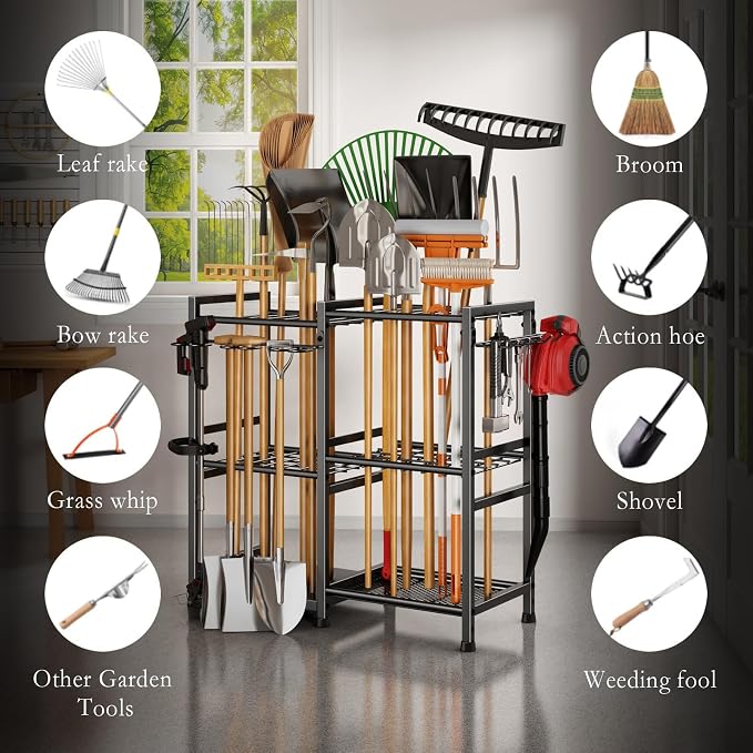 Storage Rack for Garden Tools, Black Carbon Steel, Holds Up to 70 Handles