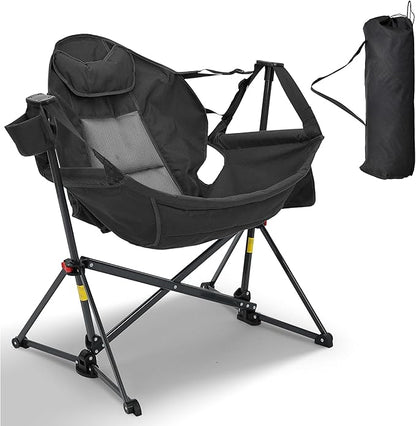 Ainfox Hammock Camping Chair, Foldable Portable Rocking Chairs for Adults Outside Swinging Camp with Cup Holder Pillow for Outdoor Patio Poolside (Black)