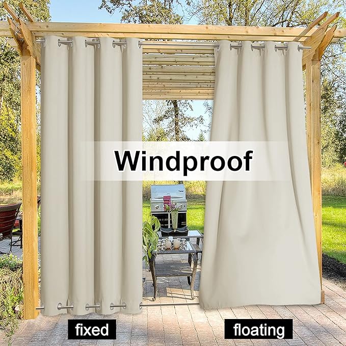 NICETOWN Outdoor Curtain for Patio Waterproof & Windproof, Thermal Insulated Top and Bottom Fixed Rustproof Grommets Light Block Outdoor Curtain Drape for Pool, Beige, 1 Panel, W52 by L95