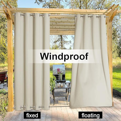 NICETOWN Waterproof Patio Outdoor Curtain and Drape Extra Wide, Thermal Insulated Top and Bottom Grommet Keep Sun & Rain Out Public Divider for Porch/Arbor, Beige, 1 Panel, W100 by L95