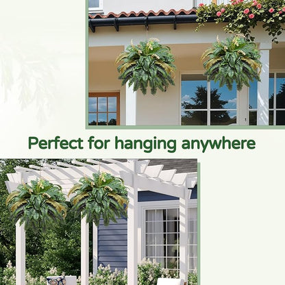 Large Autumn 88 Leaves Artificial Ferns for Outdoors Look Real, Fake Large Faux Boston Ferns for Outdoor Planter Realistic UV Resistant Artificial Fake Plants for Porch Patio Hanging 47 inch