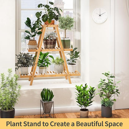 Bamboo Plant Stand - Indoor/Outdoor 3 Tier Plant Ladder, 8 Potted Flower Holder, Natural
