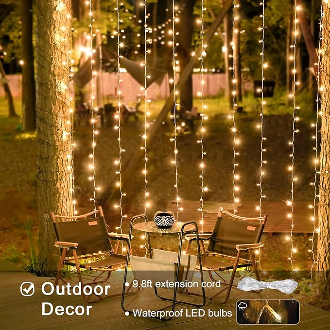 Curtain String Lights, 600 LED Warm White, 19.6 ft with Remote