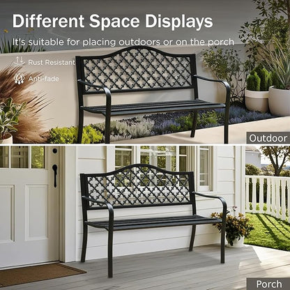 PHI VILLA 50" Outdoor Garden Patio Metal Bench for Outdoors with Plastic Backrest Armrests Sturdy Steel Frame, Black