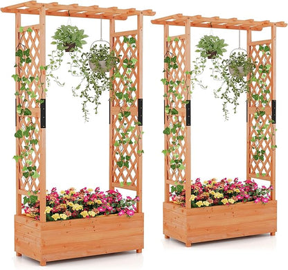 Giantex 2 Pcs Raised Garden Bed with Trellis & Hanging Roof, Wood Planter Box with Bottom & Drainage Holes, Freestanding Garden Planter for Flower Vegetable Fruit Herb Climbing Vines, 43.5"x17.5"x72"