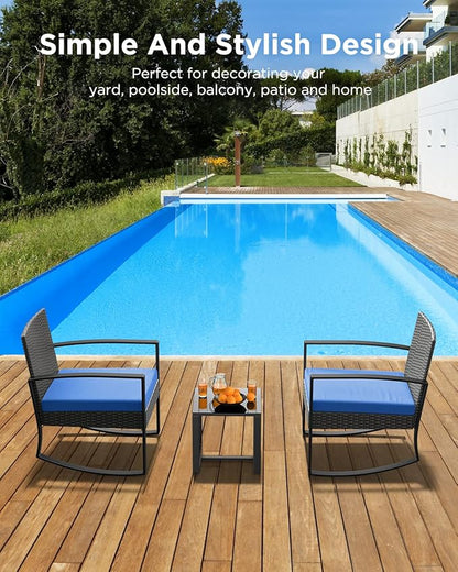 3 Piece Patio Bistro Set Patio Furniture Set Outdoor Wicker Rocking Furniture Conversation Set with Tempered Glass Coffee Table for for Front Porch Balcony and Deck (Blue Cushion)