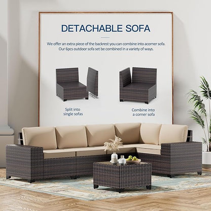 Kullavik 6PCS Outdoor Patio Furniture Set PE Wicker Rattan Sectional Sofa Patio Conversation Sets,Khaki