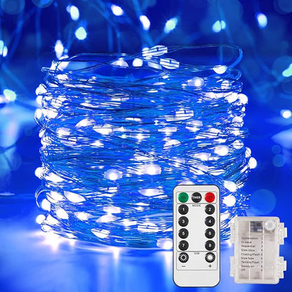 Indoor String Lights, Blue LED Battery Operated with Remote, 65.6 Ft
