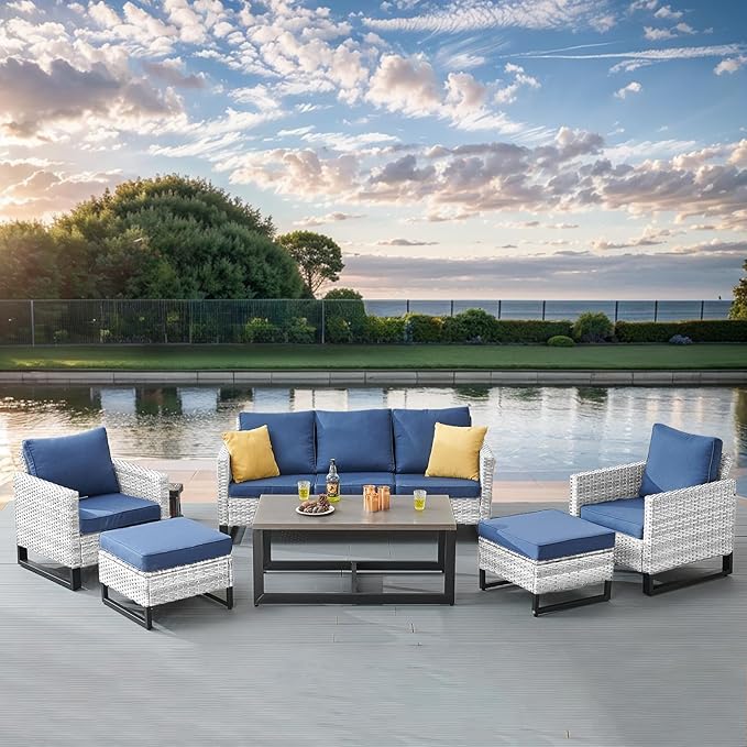 Belord 6 Piece Outdoor Furniture Patio Wicker Sofa Set, Oversize Outdoor Dining Chairs with Rattan Ottomans, Conversation Sets Patio Furniture Come with Removable Cushion Blue, Light Grey
