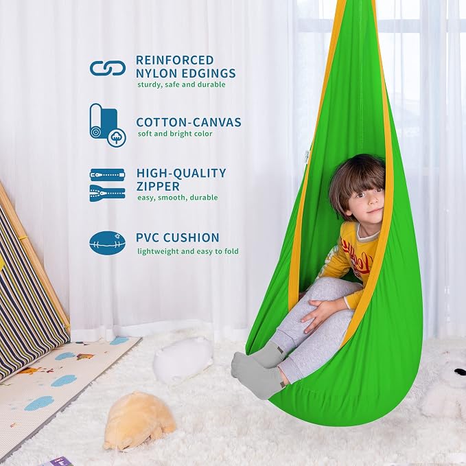 Hammock Chair Kids Pod Swing, Cotton Sensory Swing in Green and Yellow