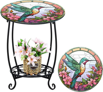 Outdoor Side Table Round Small Mosaic Patio Accent Indoor End Plant Coffee Tea Table for Yard Patio Porch Garden Living Room, Bedroom(Hummingbird Style,18 Inch)