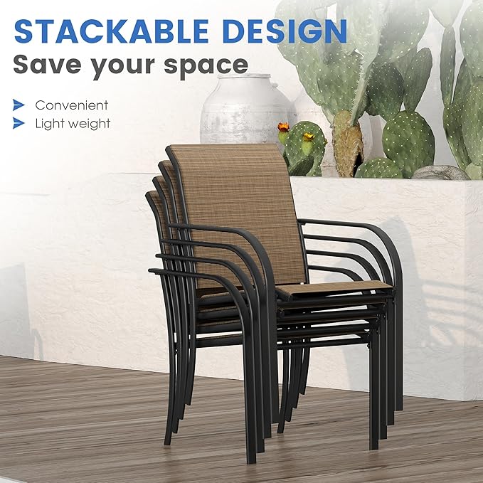 VICLLAX Patio Dining Set for 8, Outdoor Furniture Set Includes 53" Round Patio Table and 8 Patio Sling Chairs, Walnut Wood-Like Tabletop and Brown Fabric