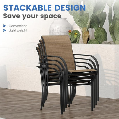 VICLLAX Patio Dining Set for 8, Outdoor Furniture Set Includes 53" Round Patio Table and 8 Patio Sling Chairs, Walnut Wood-Like Tabletop and Brown Fabric