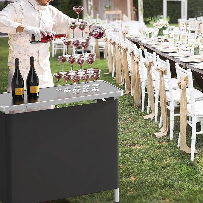 VINGLI 39" Portable Bar Table, 3-Tier Shelves, Mobile Bar Table for Events, Party, Camping, Picnic, Tradeshow, Indoor with Black Skirt(1 Pack) (2, 39")